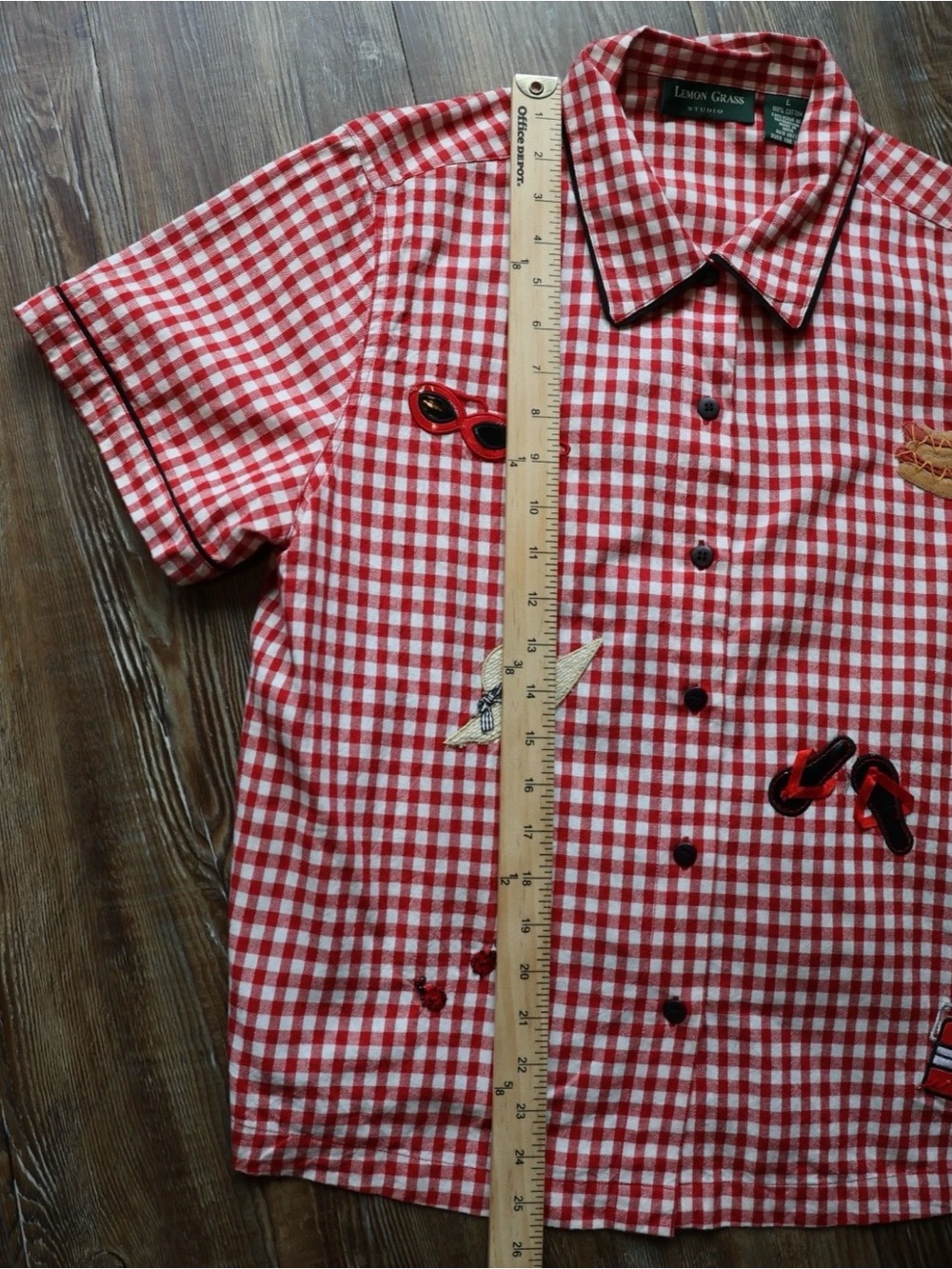 Red Gingham Picnic Novelty Applique Rockabilly Blouse Top Womens Large - Picture 16 of 16